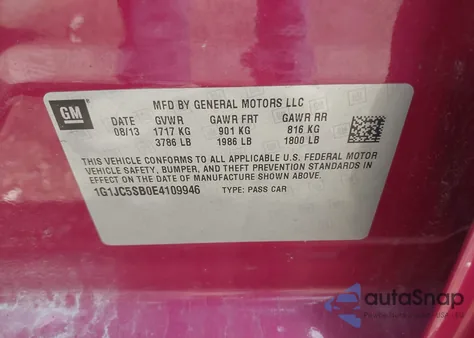 2014 Chevrolet Sonic Lt Auto из США, поврежденный, VIN 1G1JC5SB0E4109946